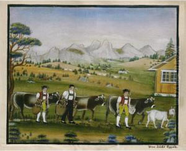 Drei Sennen, Zwei Beim Schellen Schutteln
Three 'senns', Two Ringing Bells Oil Painting by Johannes Zulle