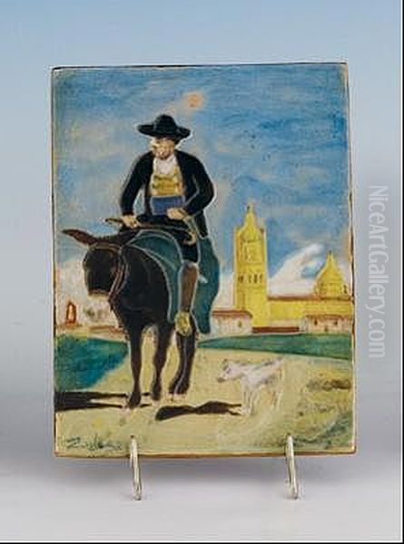 Segoviano Montando En Burro. 
Placa En Ceramica Esmaltada. Firmada En El Anverso Y Reverso Oil Painting by Daniel Zuloaga Boneta