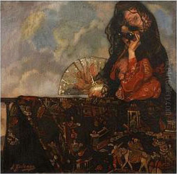 Maja En El Balcon Oil Painting by Ignacio Zuloaga Y Zabaleta