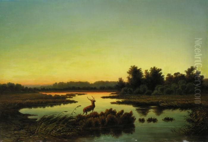 Moorsee Im Abendlicht Mit
 Einem Hirsch Am Ufer Oil Painting by Anton Georg Zwengauer