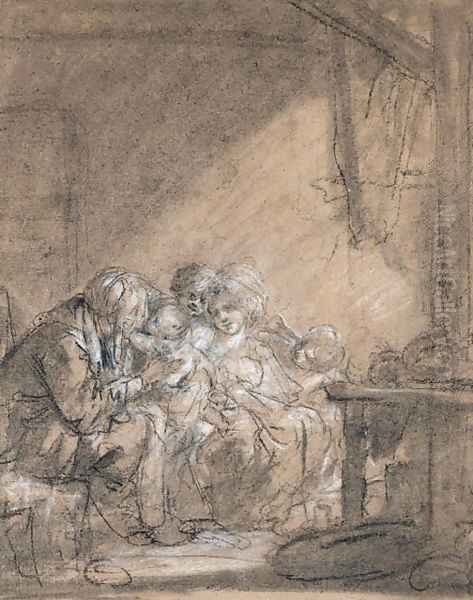 A mother and her children visited by an elderly lady Oil Painting by Jean Baptiste Greuze