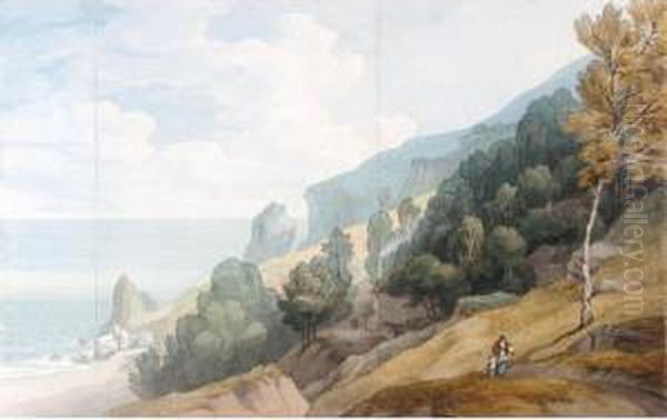 Babbacombe, Devon, With A Woman 
And Child On A Road Above The Cliffs, A Cottage Amongst Trees Oil Painting by John White Abbott