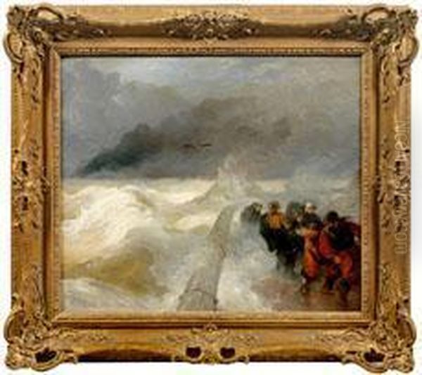 Meeressturm An Einer Mole Mit Fischern Oil Painting by Andreas Achenbach