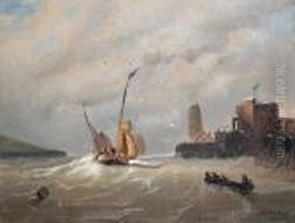 Fishing Boats In An Estuary Oil Painting by Andreas Achenbach