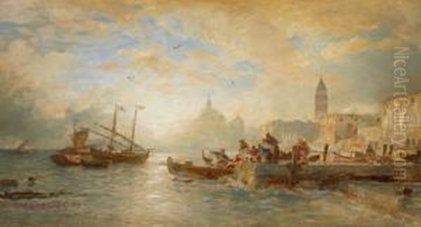 Pescatori Con Venezia Sullo 
Sfondo - Veduta Della Santa Maria Della Salute E Del Campanile Oil Painting by Andreas Achenbach