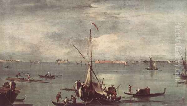 The Lagoon with Boats, Gondolas, and Rafts c. 1758 Oil Painting by Francesco Guardi