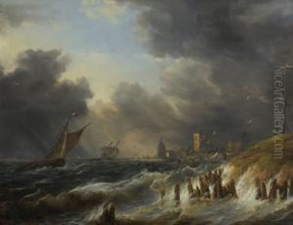 Schiffe An Sturmischer
 Meereskuste. Oil Painting by Andreas Achenbach