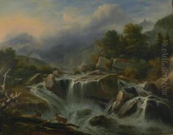 Gebirgsbach Mit Rotwild. Oil Painting by Andreas Achenbach