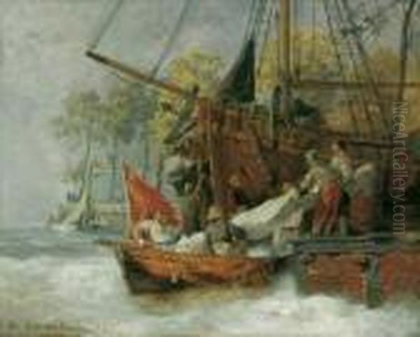 Hafeneinfahrt Bei Sturmischer 
See. Signiert Und Datiert Unten Links: A. Achenbach 76. Ol Auf Holz. H 
37; B 46 Cm. Oil Painting by Andreas Achenbach