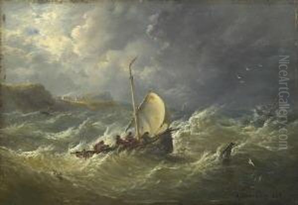 Fischerboote Auf Sturmisch
 Bewegter See. Oil Painting by Andreas Achenbach