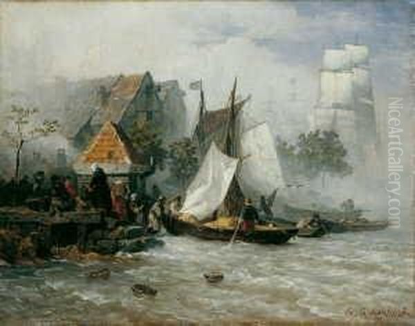 Fischerboote An Der Mole. 
Signiert Und Datiert Unten Rechts: A. Achenbach/77. Ol Auf Leinwand 
(doubliert). H 33; B 41 Cm. Provenienz: Galerie Utermann, Dortmund; 
Rheinische Privatsammlung. Oil Painting by Andreas Achenbach