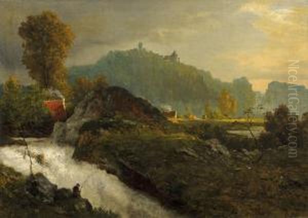 Landschaft Mitwasserfall Oil Painting by Oswald Achenbach