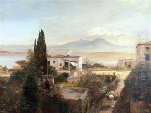Neapolitan Rooftops With Mt. Vesuvius In The Distance Oil Painting by Oswald Achenbach
