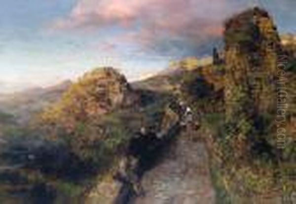 Tramonto Su Una Piccola Citta Meridionale Inmontagna Oil Painting by Oswald Achenbach