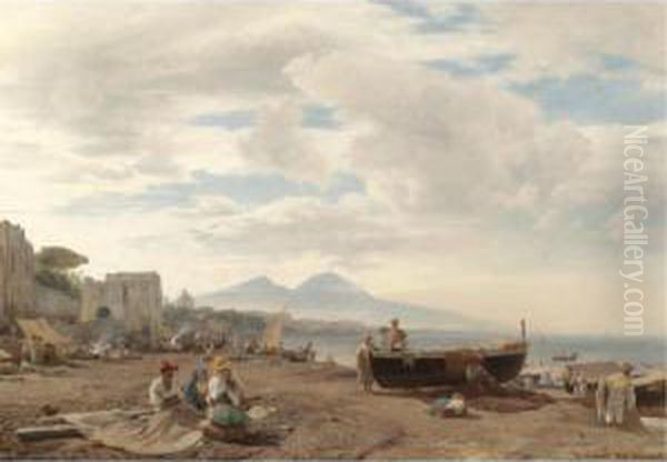 Fischer Am Strand Von Amalfi, Im
 Hintergrund Der Vesuv (fishermen On The Amalfi Coast With Mount 
Vesuvius Beyond) Oil Painting by Oswald Achenbach