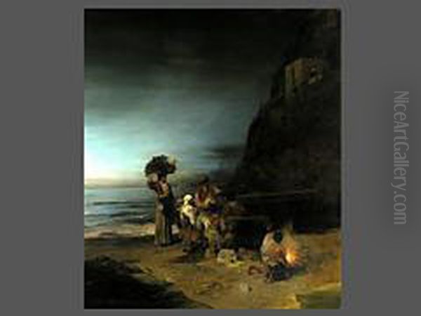 Uferszene An Der Kuste Von Amalfi
Mit Blick Auf Den Vesuv Oil Painting by Oswald Achenbach