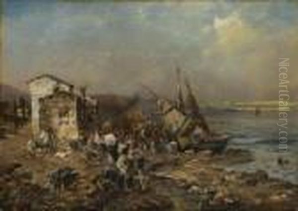 Fischmarkt An Italienischer
 Meereskuste. Oil Painting by Oswald Achenbach