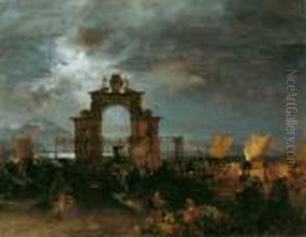 Die Fontana Di S. Lucia In 
Neapel. Signiert Unten Mitte: Osw. Achenbach. Ol Auf Leinwand 
(doubliert). H 77,5; B 100 Cm. Die Fontana Di S. Lucia War Ein Motiv, 
Das Von Achenbach Zumeist In Einer Abend- Oder Nachtstimmung 
Wiedergegeben Wurde (vgl. M Oil Painting by Oswald Achenbach