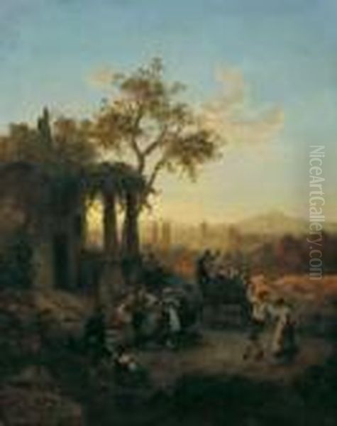 Frohlicher Tanz Vor Der Osteria.
 Signiert Und Datiert Unten Links: Osw. Achenbach/1899. Ol Auf Leinwand 
(doubliert). H 80; B 64 Cm. Oil Painting by Oswald Achenbach