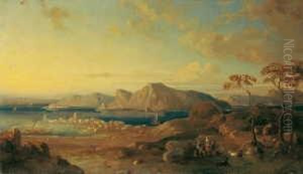Italienische Kustenlandschaft. 
Signiert Und Datiert Unten Links: Osw. Achenbach 18... Ol Auf Leinwand. H
 23,7; B 40,5 Cm. Oil Painting by Oswald Achenbach