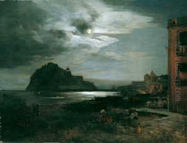 Mondnacht Auf Ischia. Signiert 
Und Datiert Unten Links: Osw. Achenbach 88. Ol Auf Leinwand, Auf Holz 
Aufgezogen. H 78; B 99 Cm. Provenienz: Ehemals Slg. Babcock Borsig Ag, 
Oberhausen; Rheinische Privatsammlung. Oil Painting by Oswald Achenbach