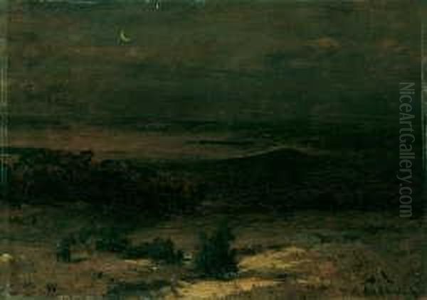 Nachtliche Landschaft Mit Der 
Sichel Des Neumondes. Signiert Unten Rechts: Osw. Achenbach. Datiert 
Unten Links: 30/10.71. Ol Auf Holz. H 28; B 38 Cm. Oil Painting by Oswald Achenbach
