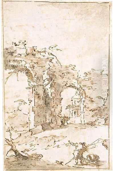 A capriccio with ruins and a small temple Oil Painting by Francesco Guardi