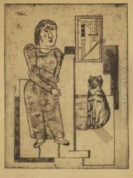 Stehendes Madchen Und Sitzende Katze Oil Painting by Jankel Adler