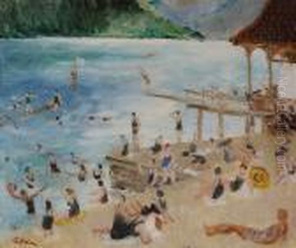 Baignade En Bord De Mer Oil Painting by Lucien Adrion