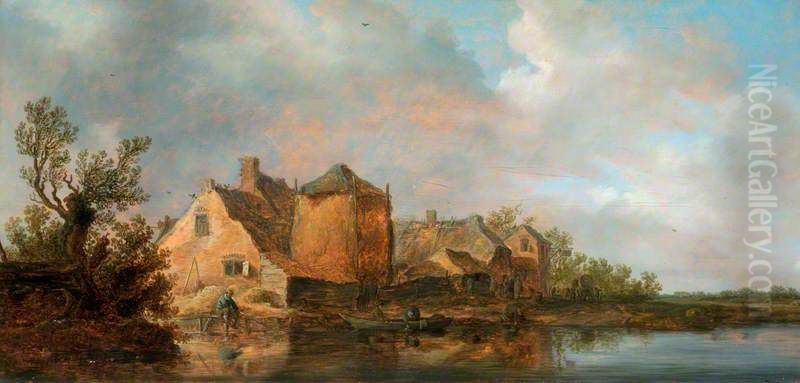 River Scene with an Inn Oil Painting by Jan van Goyen