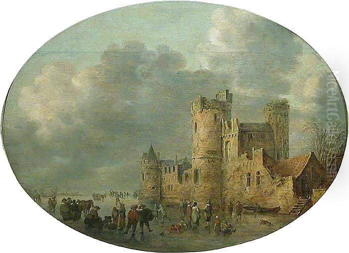 Skaters in front of a Medieval Castle Oil Painting by Jan van Goyen