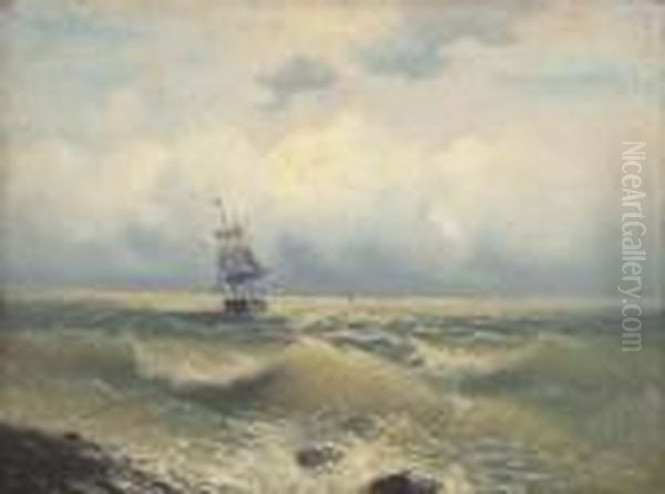 A Two Masted Barque Running Along The Coast Oil Painting by Ivan Konstantinovich Aivazovsky