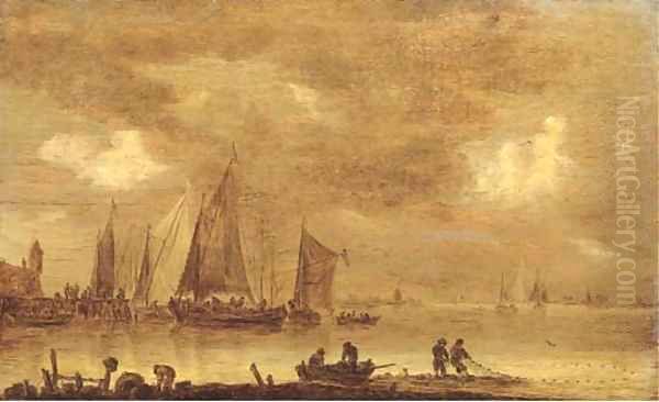 An estuarine landscape with fishermen drawing in nets in the foreground, boats by a jetty beyond Oil Painting by Jan van Goyen