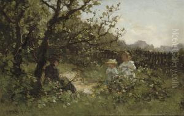 Bloemenplukken: Picking Flowers 
In The Dunes Of Scheveningen, The Kurhaus In The Distance Oil Painting by Johannes Evert Akkeringa