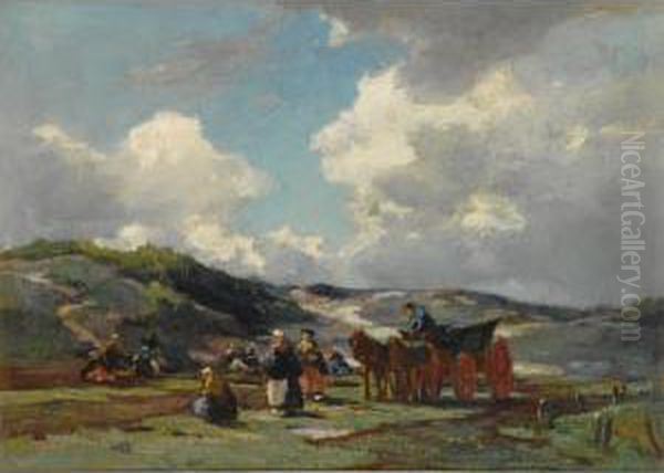 Women Mending Nets In The Dunes Oil Painting by Johannes Evert Akkeringa