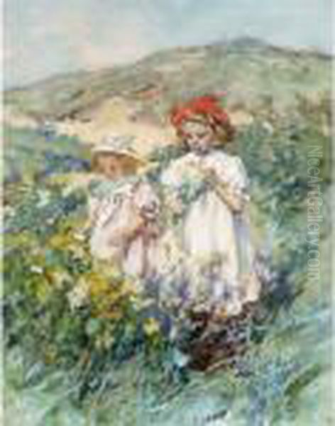 Two Girls Picking Flowers In The Dunes Oil Painting by Johannes Evert Akkeringa