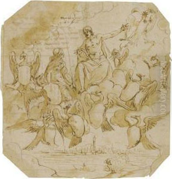 Commemorative Frontispiece With
 Eagles Clutching Aheraldic Sheild, Jupiter And A Female Allegorical 
Figure, The Cityof Bologna Below Oil Painting by Francesco Albani