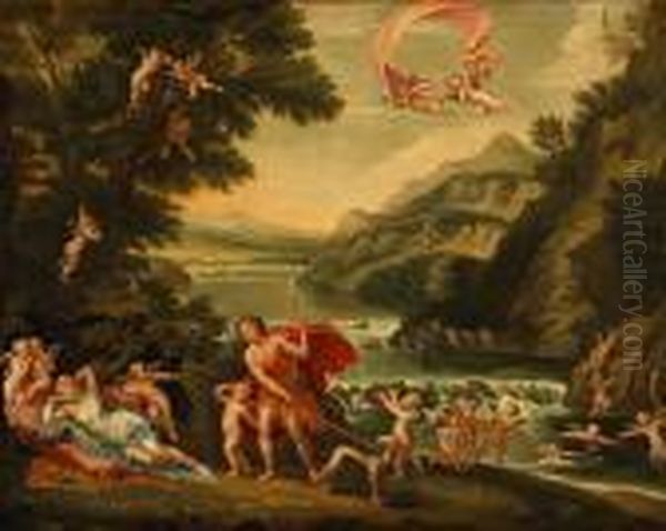 Adonis Led By Cupid To Venus; Love Disarmed; Venus And Vulcan (a Group Of Three) Oil Painting by Francesco Albani