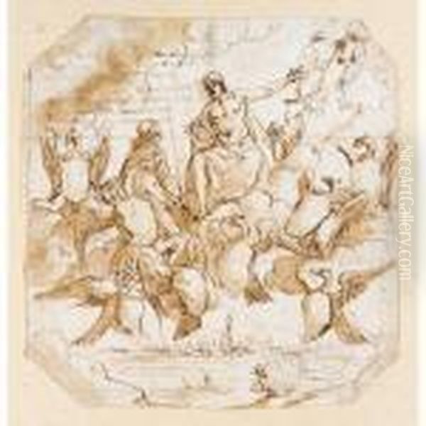 Design For A Commemorative 
Frontispiece With Eagles Clutching A Heraldic Shield And Jupiter Above 
Looking Towards A Female Allegorical Figure, The City Of Bologna Below Oil Painting by Francesco Albani