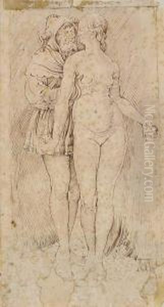 An Old Man In A Fool's Cap Caressing A Young Nakedwoman Oil Painting by Heinrich Aldegrever