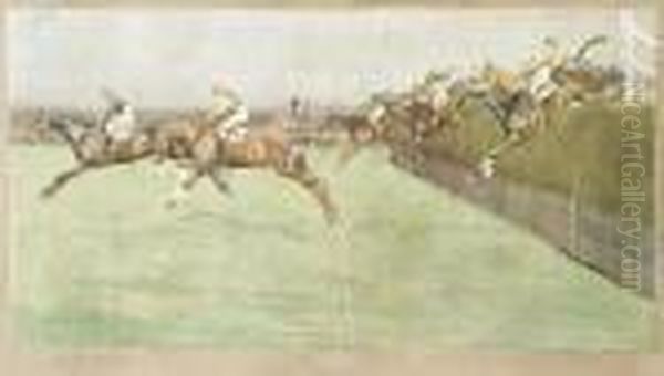 The Grand National; No. 4 The 
Canal Turn & No. 2 Beecher'sbrook & No. 3 Valentines. Oil Painting by Cecil Charles Aldin