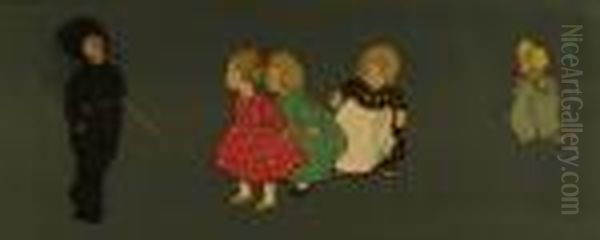 Three Little Girls And A Toddler
 Gazing At A Junior Chimney Sweep; Children Playing Shuttle Cock With A 
Naughty Dog, A Pair, Reproduction Colour Prints, Early 20th Century, 
26.5cms X 69cms. See Web Illustration Oil Painting by Cecil Charles Aldin