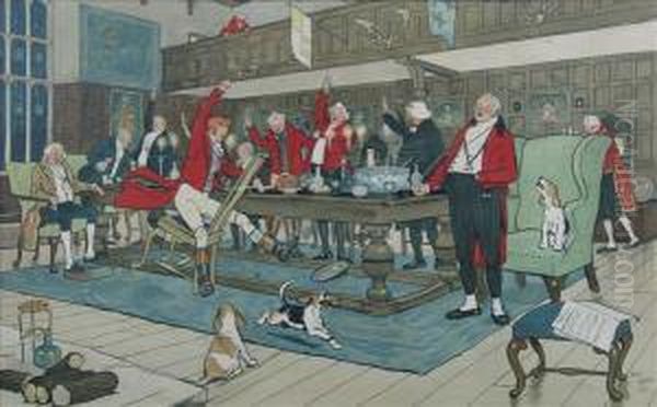 The Fallowfield Hunt: The 
Breakfast At The Threepigeons, A Check, Full Cry, Breaking Cover, The 
Death And The Huntsupper Six Oil Painting by Cecil Charles Aldin