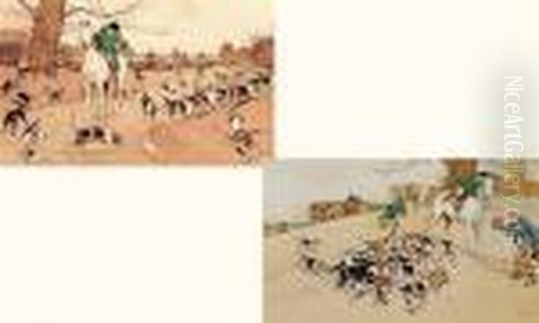 Paire De Pochoirs En Couleurs 
Narrant Une Chasse A Courre Anglaise Et Signees En Bas A Droite. A Vue /
 53 X 74 Cm Chaque. Oil Painting by Cecil Charles Aldin