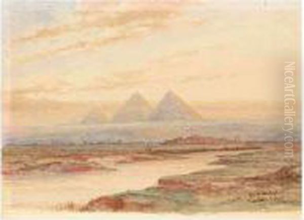 Pyramids At Gizeh And Arab Village Oil Painting by Frederick James Aldridge