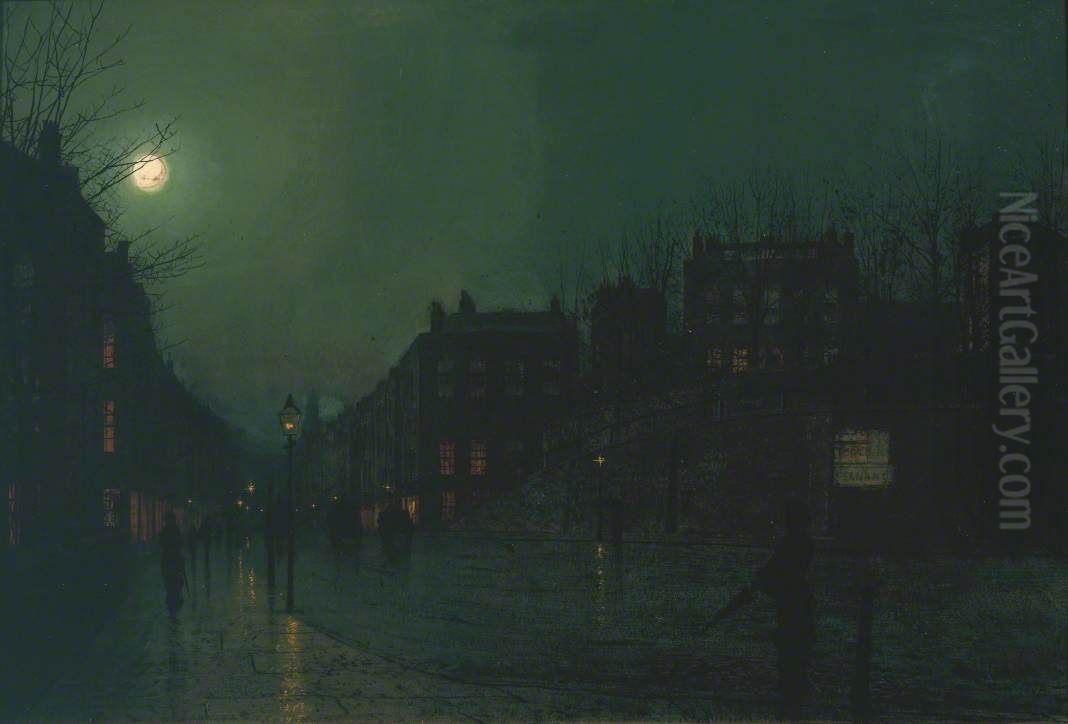 View of Heath Street by Night Oil Painting by John Atkinson Grimshaw