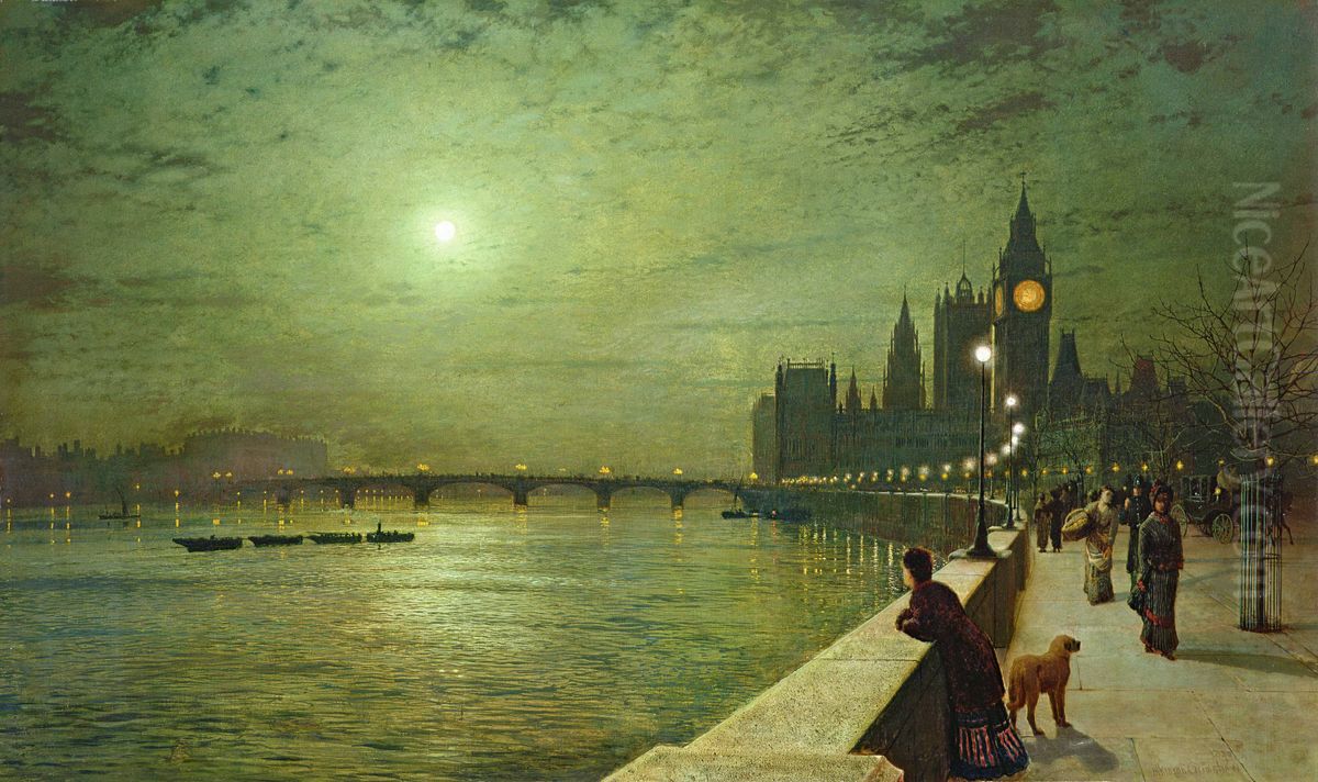 Reflections on the Thames, Westminster Oil Painting by John Atkinson Grimshaw