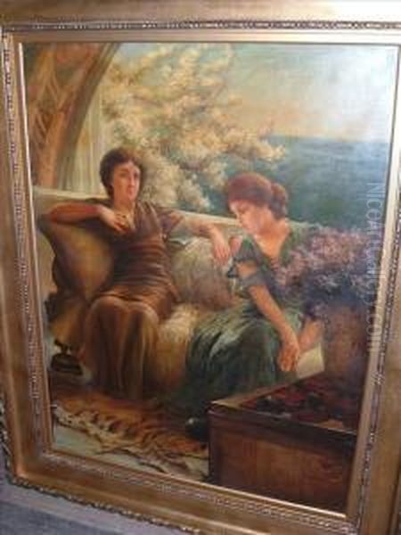 Twoclassical Women Seated On A Terrace Oil Painting by Sir Lawrence Alma-Tadema