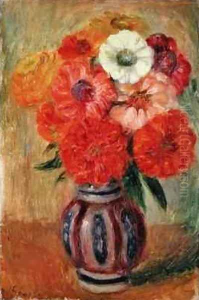 Zinnias in a Striped Blue Vase Oil Painting by William Glackens
