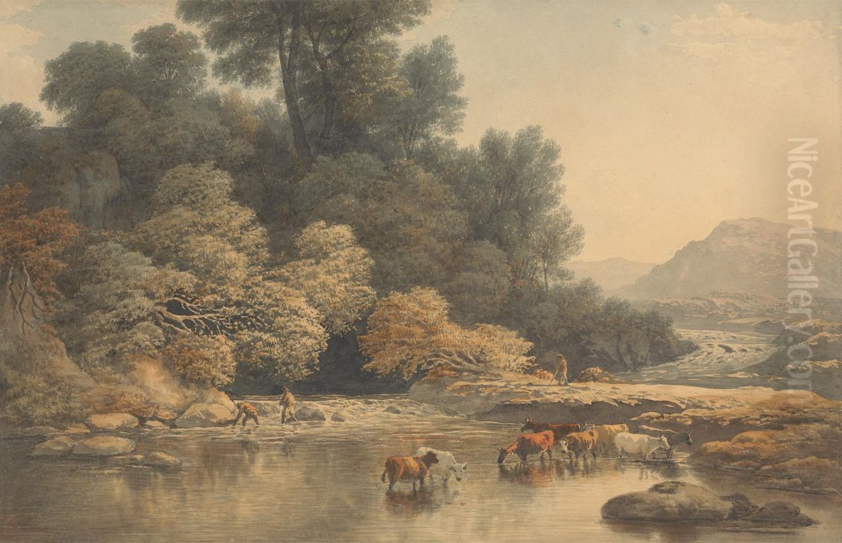 Hilly landscape with River and Cattle Oil Painting by John Glover